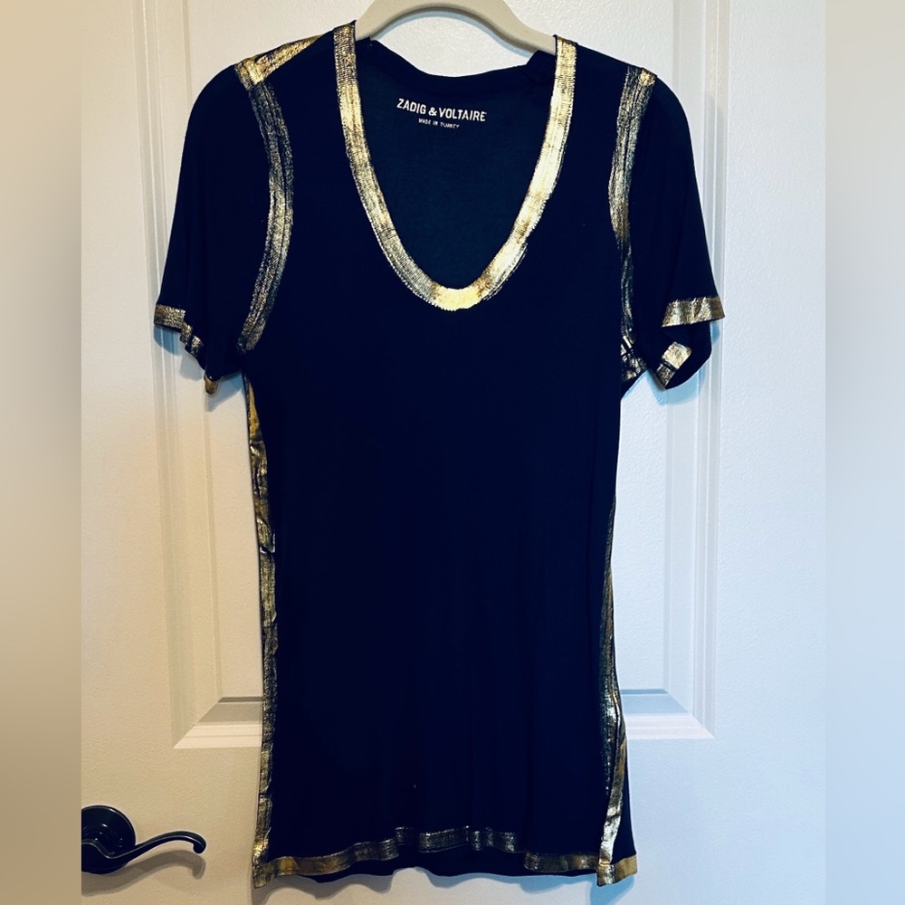 Zadig & Voltaire Navy and Gold Short Sleeve Top